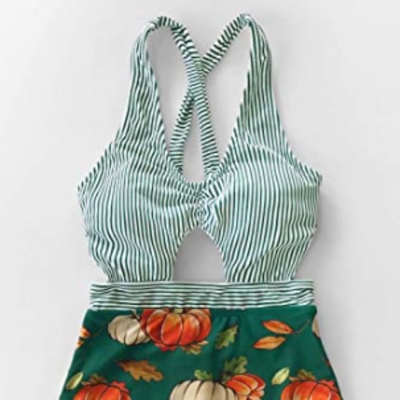 CUPSHE Women's Green Stripe Cutout 1 pc Swimsuit - Picture 5 of 6